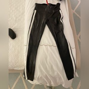 Spanx black faux leather leggings with white stripe